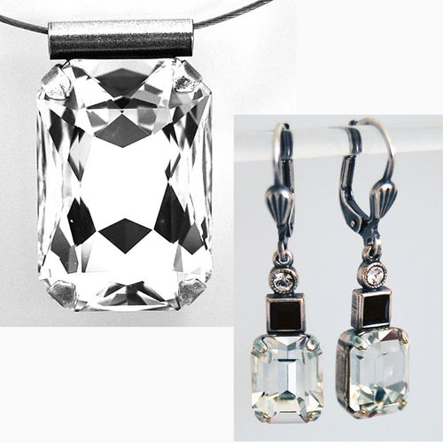 Set – Edelstahl-Reif & Ohrringe – altsilber mit Swarovski-Kristall Rechteck – Crystal – klar