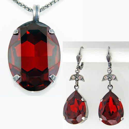Set – Halskette & Ohrringe – altsilber mit Swarovski-Kristall Oval Tropfen – Siam Satin & Siam – rot