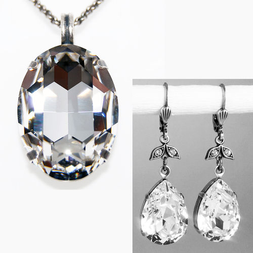 Set – Halskette & Ohrringe – altsilber mit Swarovski-Kristall Oval Tropfen – Crystal – klar