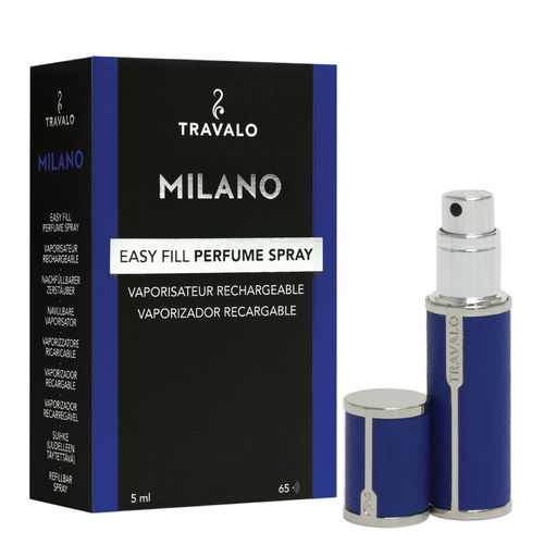 Travalo Milano - Blue -blau- 5 ml Parfum-Zerstäuber poliertes Metall mit Bezug aus edlem Kunstleder