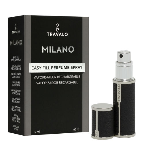 Travalo Milano Black schwarz 5 ml Parfum-Zerstäuber poliertes Metall mit Bezug aus edlem Kunstleder