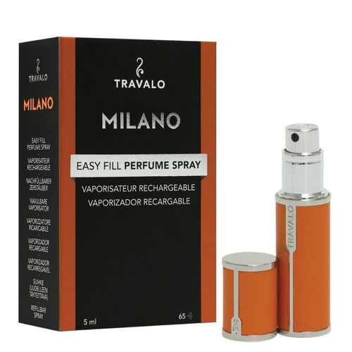 Travalo Milano - Orange - 5 ml Parfum-Zerstäuber poliertes Metall mit Bezug aus edlem Kunstleder