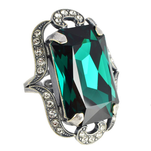 Grevenkämper Ring Swarovski Kristall Pavé verstellbar Rechteck grün Emerald