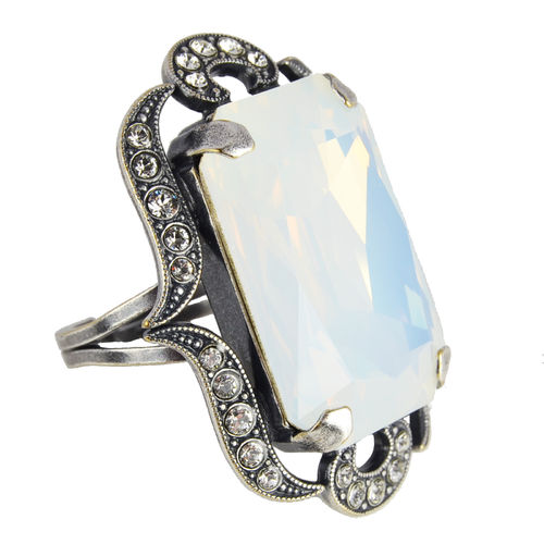 Grevenkämper Ring Swarovski Kristall Pavé verstellbar Rechteck weiß White Opal